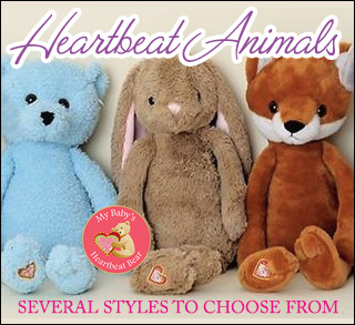 heartbeat buddies have a recording of your baby's heartbeat inside a cute and cuddly stuffed animal of your choice